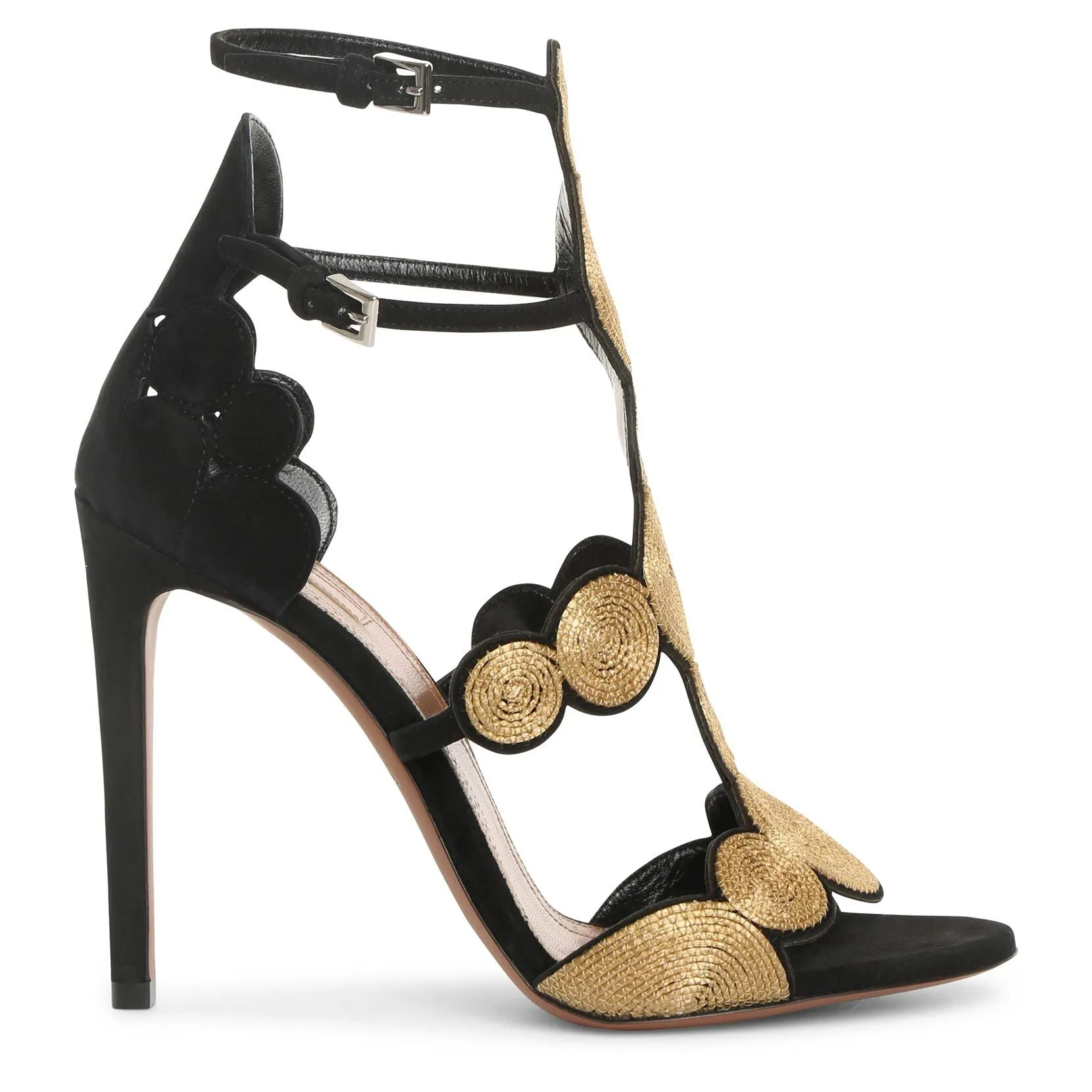 Alaïa Black Suede Gold Raffia Sandals