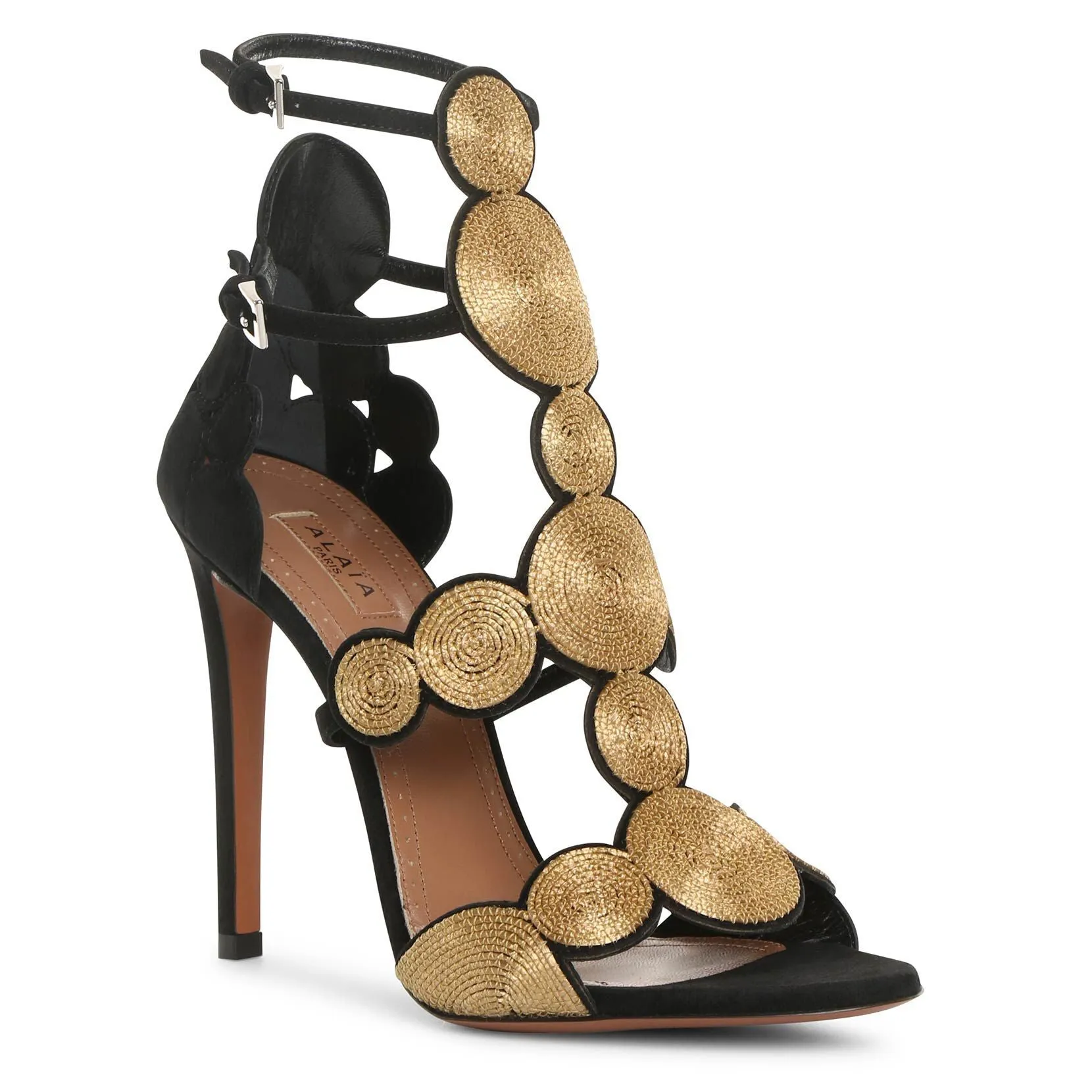 Alaïa Black Suede Gold Raffia Sandals