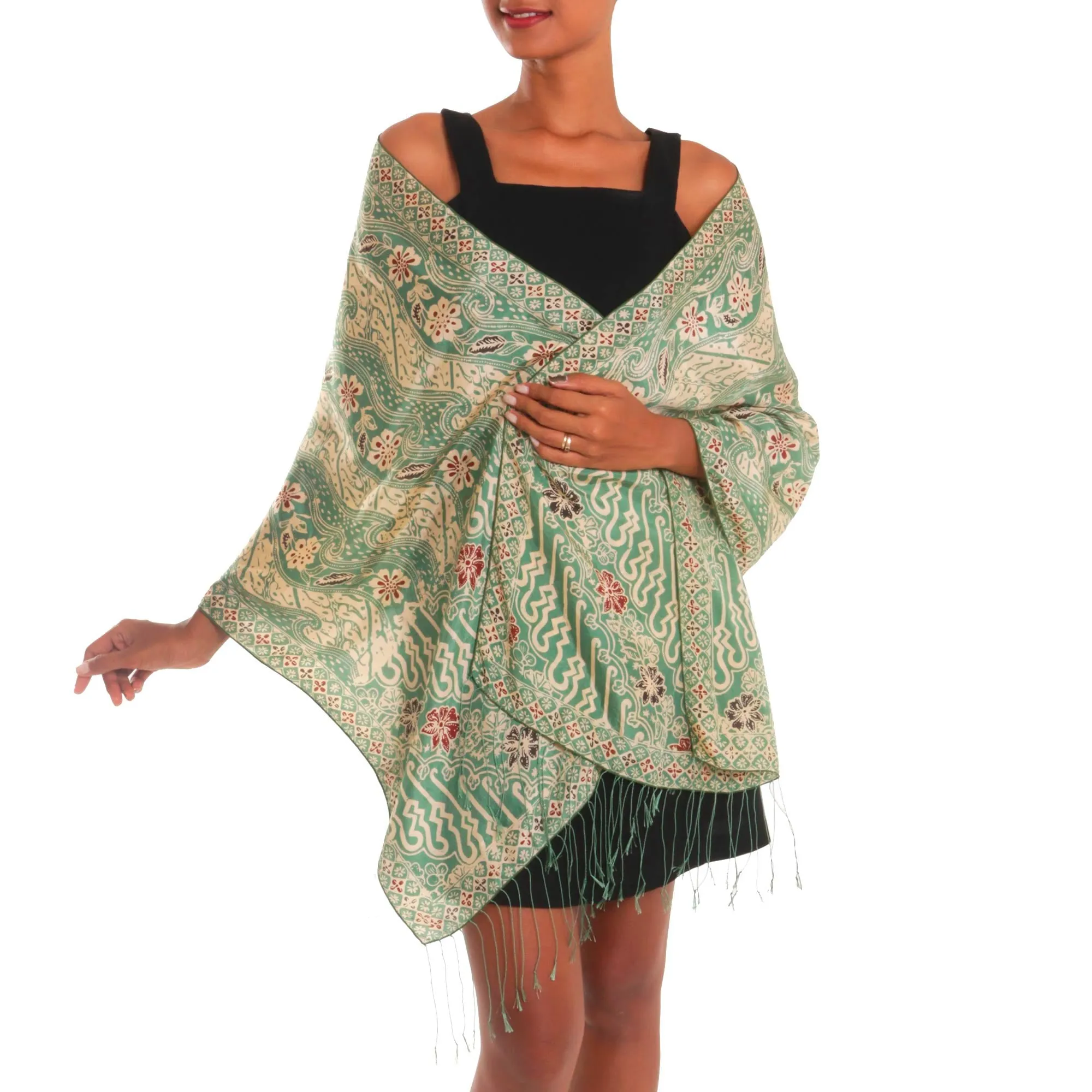 Bali silk shawl with moss green floral motifs - Forest waves design