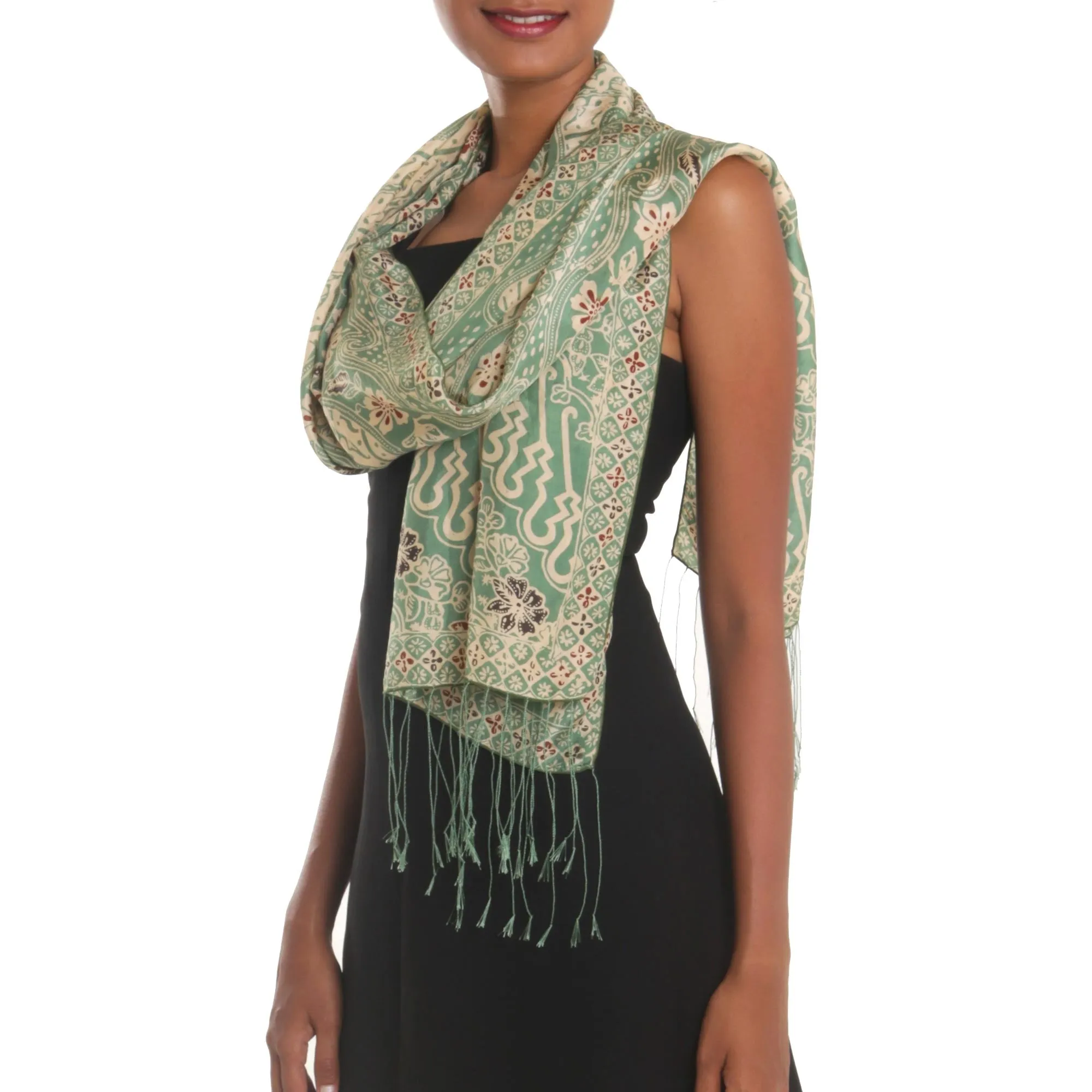 Bali silk shawl with moss green floral motifs - Forest waves design