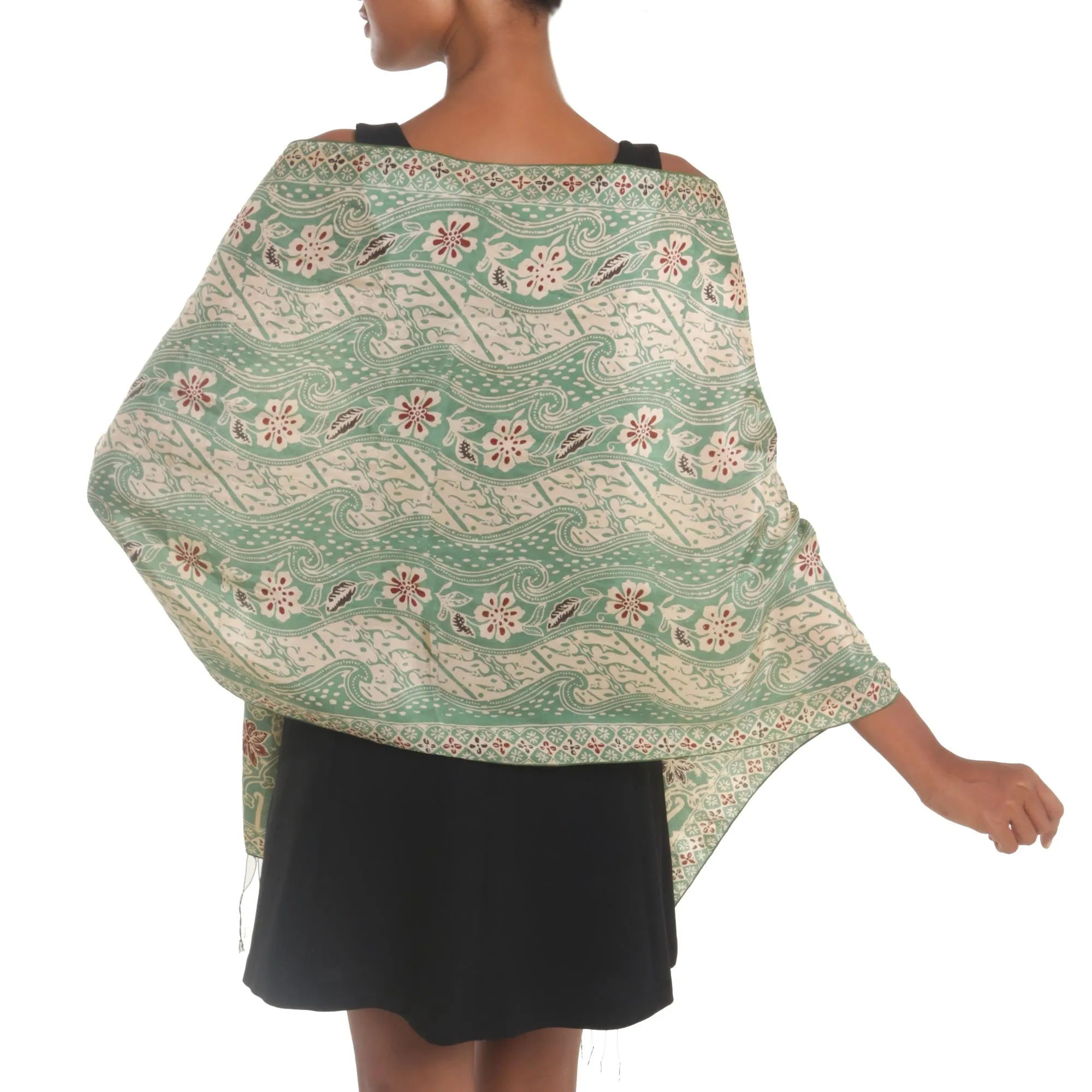 Bali silk shawl with moss green floral motifs - Forest waves design