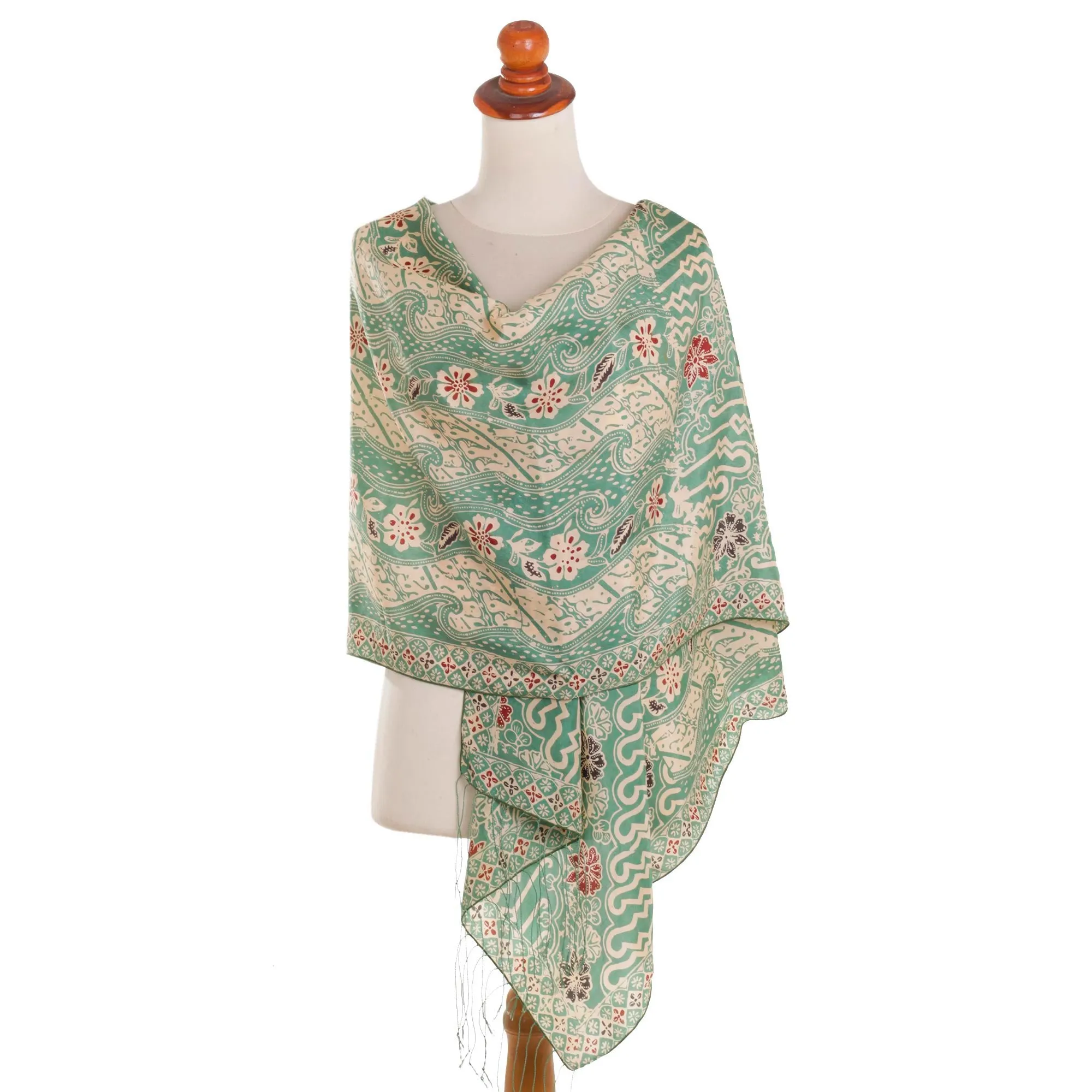 Bali silk shawl with moss green floral motifs - Forest waves design