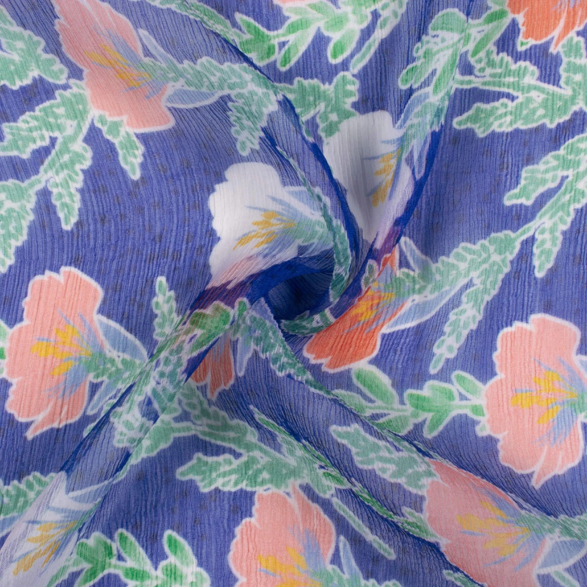 Bemberg Chiffon Fabric with Royal Blue and Salmon Orange Floral Print