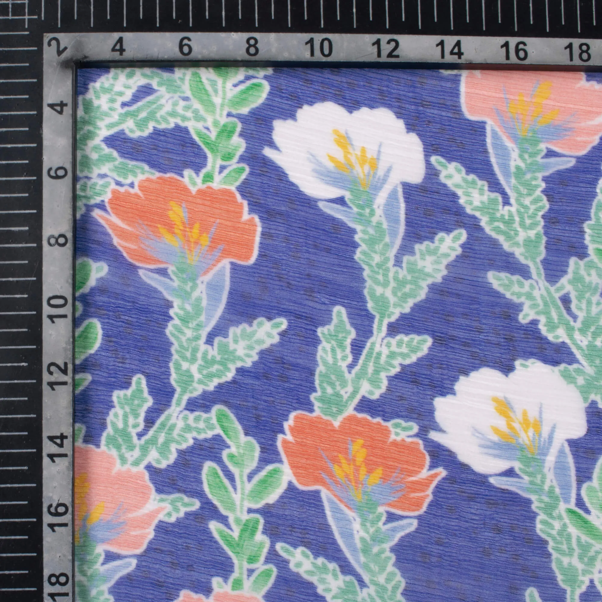 Bemberg Chiffon Fabric with Royal Blue and Salmon Orange Floral Print