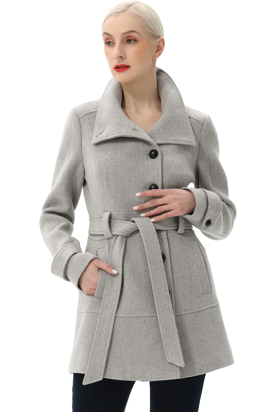 BGSD Women Wool Belted Walking Coat - Women's Wool Coat.