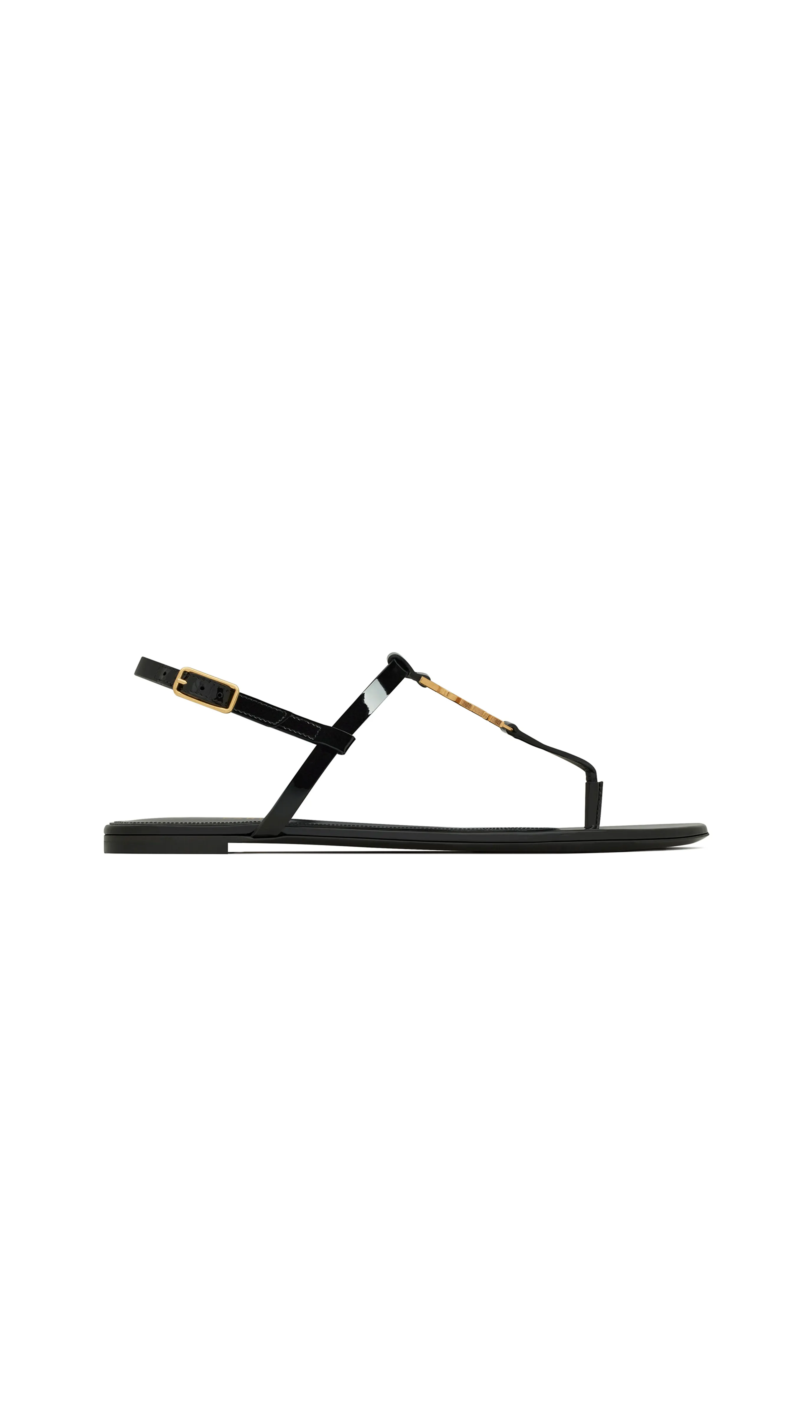 Black Patent Leather Cassandra Flat Sandals with Gold-tone Monogram