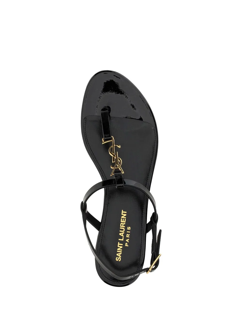 Black Patent Leather Cassandra Flat Sandals with Gold-tone Monogram