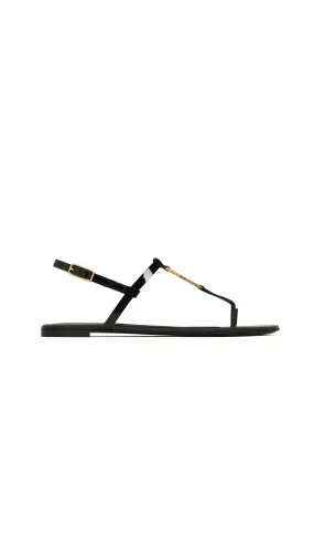 Black Patent Leather Cassandra Flat Sandals with Gold-tone Monogram