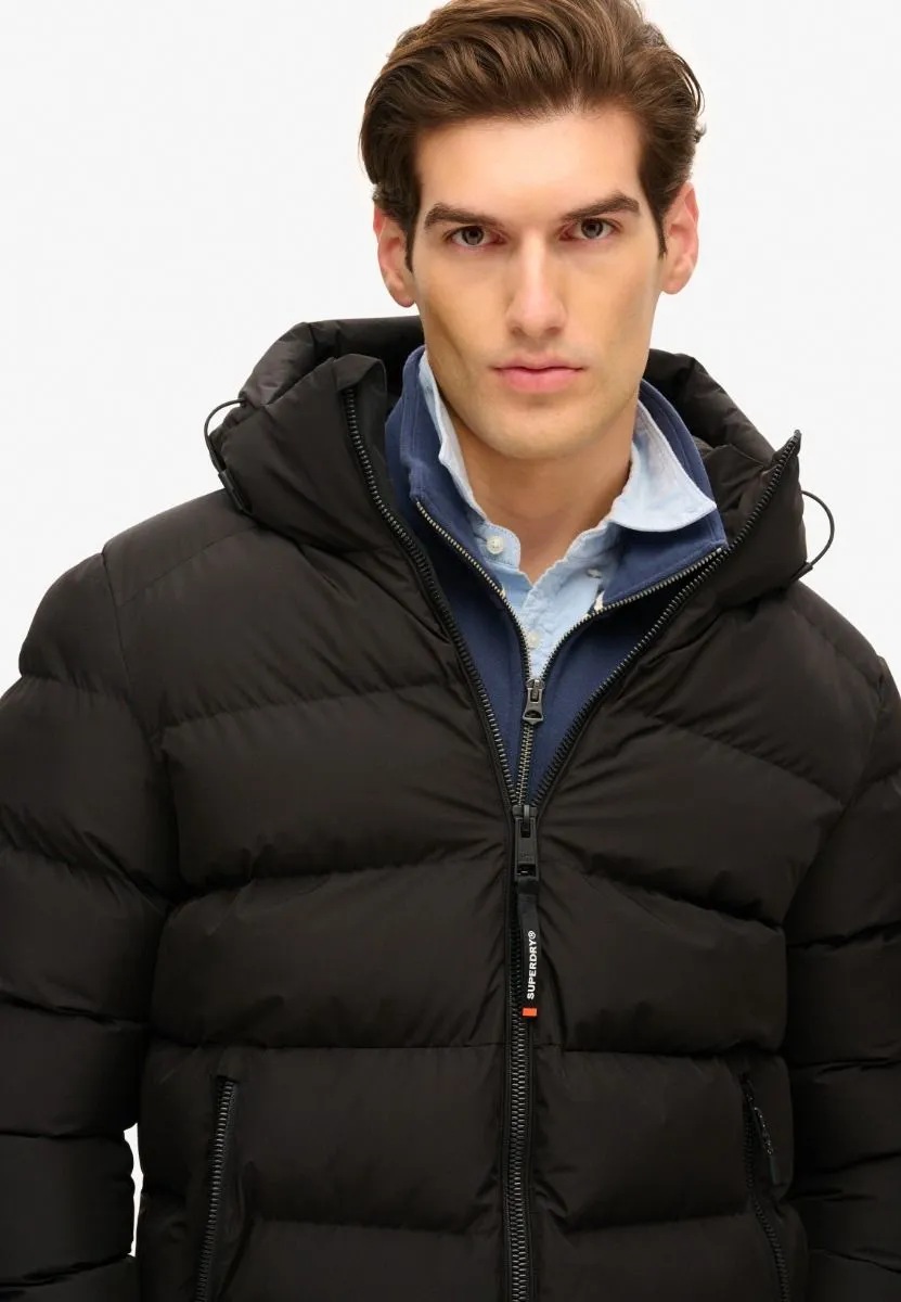 Black Sport Puffer Jacket with Hood by Superdry