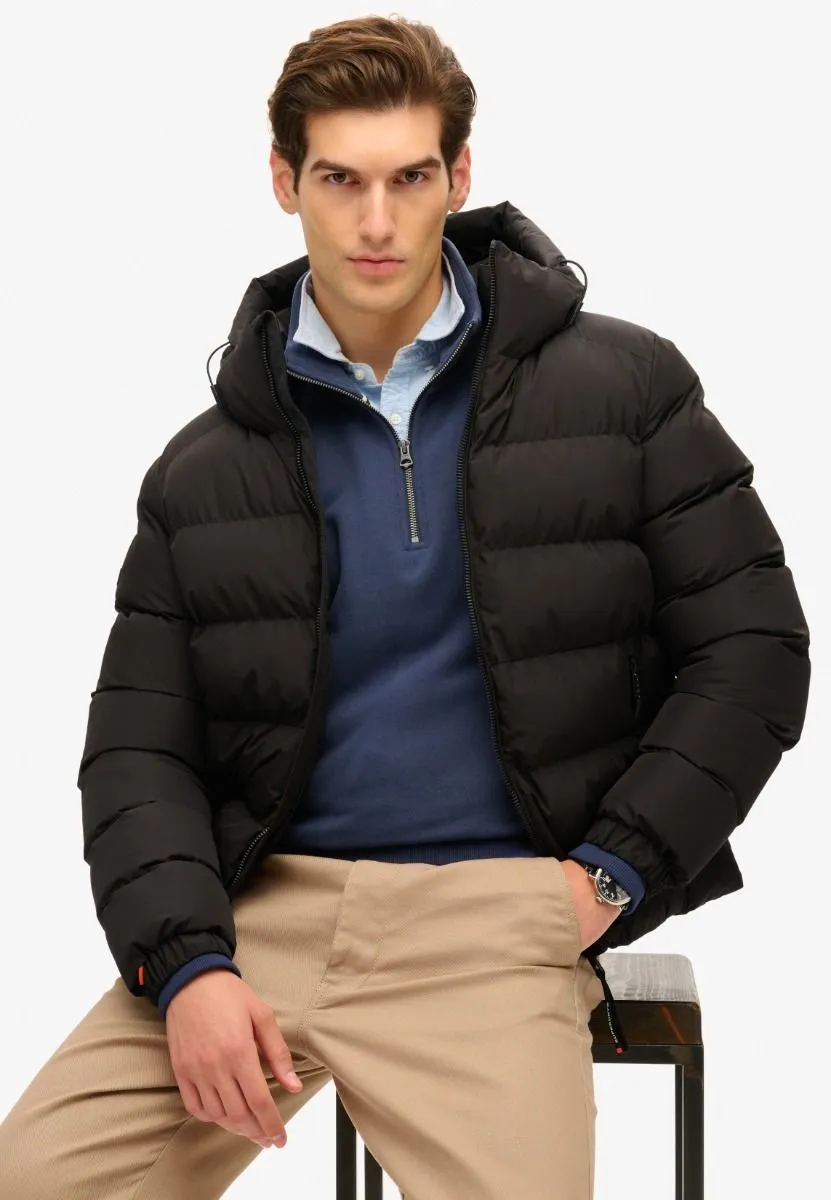 Black Sport Puffer Jacket with Hood by Superdry