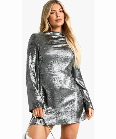 Metallic Skater Dress with Long Sleeves by boohoo Womens