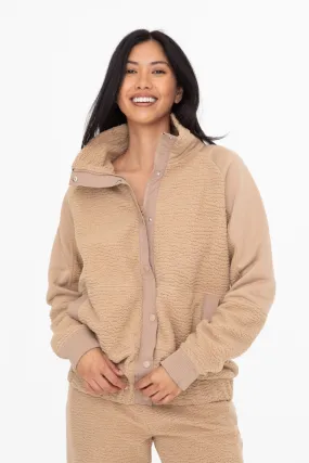 Boyfriend Fit Sherpa Jacket with Front Snap Closure