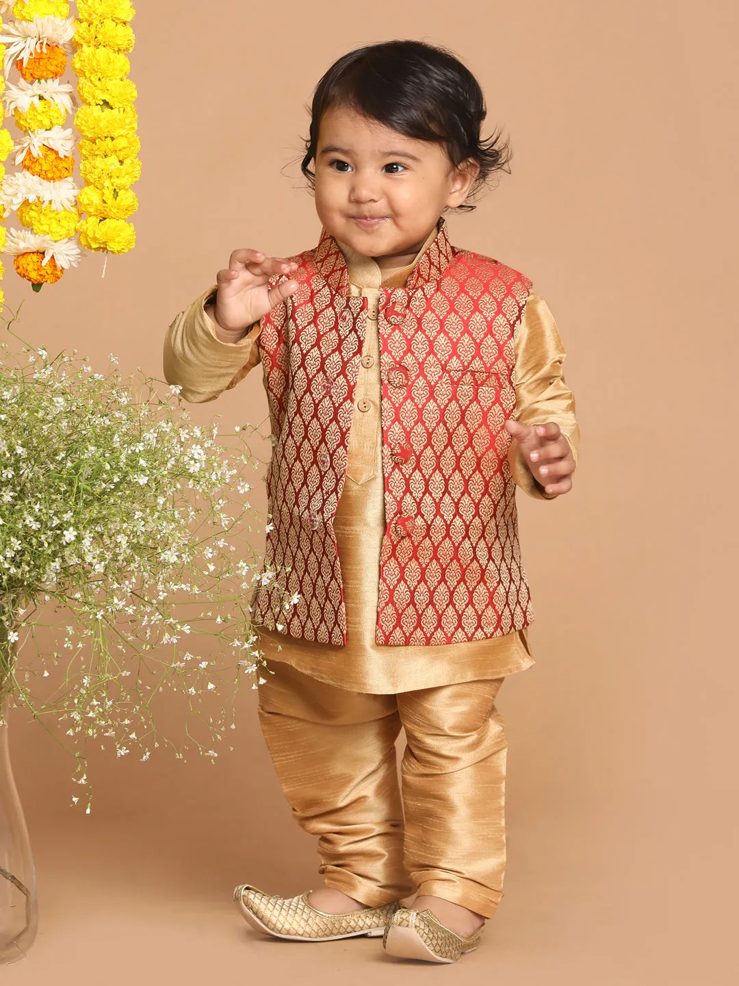 Boys' Maroon Jacket and Rose Gold Ethnic Kurta with Pyjama Set - Vastramay Sishu