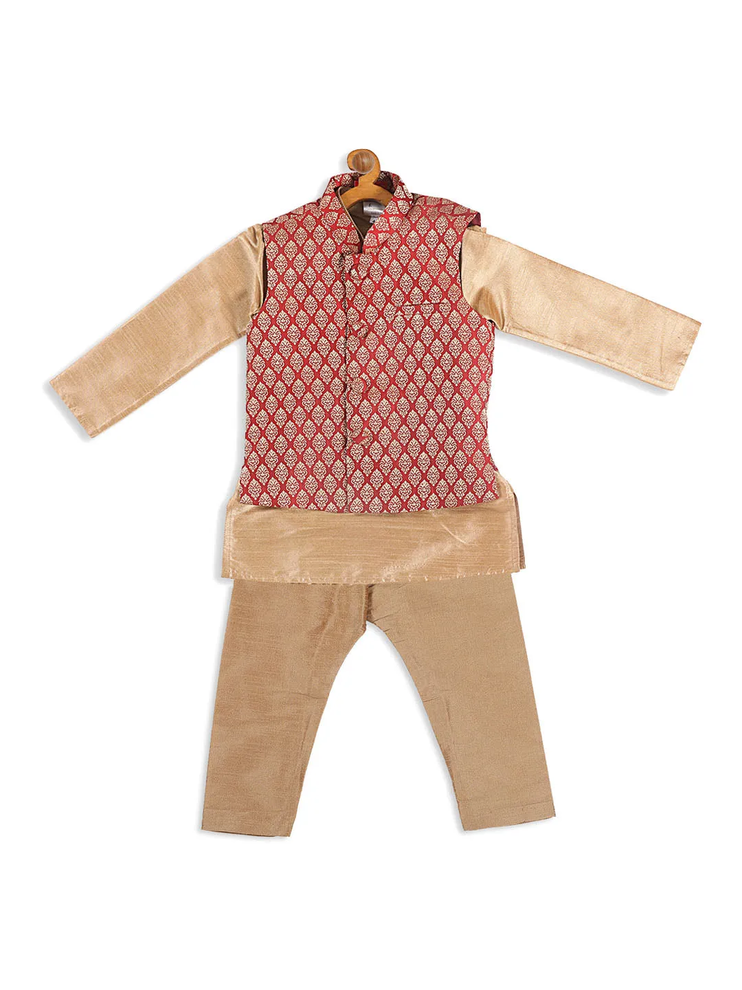 Boys' Maroon Jacket and Rose Gold Ethnic Kurta with Pyjama Set - Vastramay Sishu