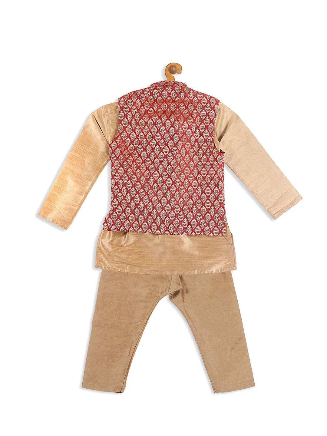 Boys' Maroon Jacket and Rose Gold Ethnic Kurta with Pyjama Set - Vastramay Sishu