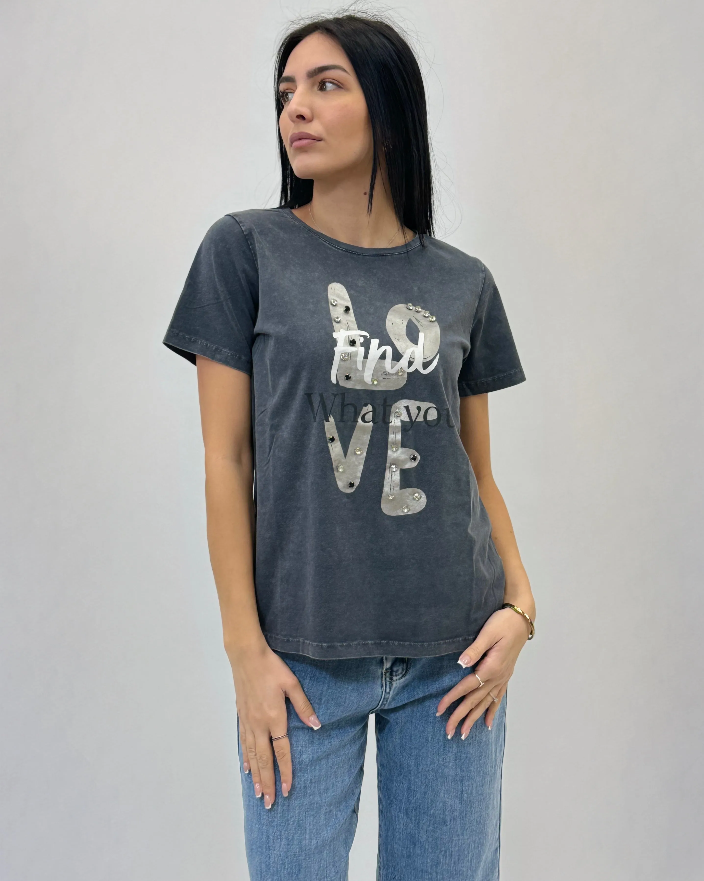 Cotton T-shirt with Love Studs Writing