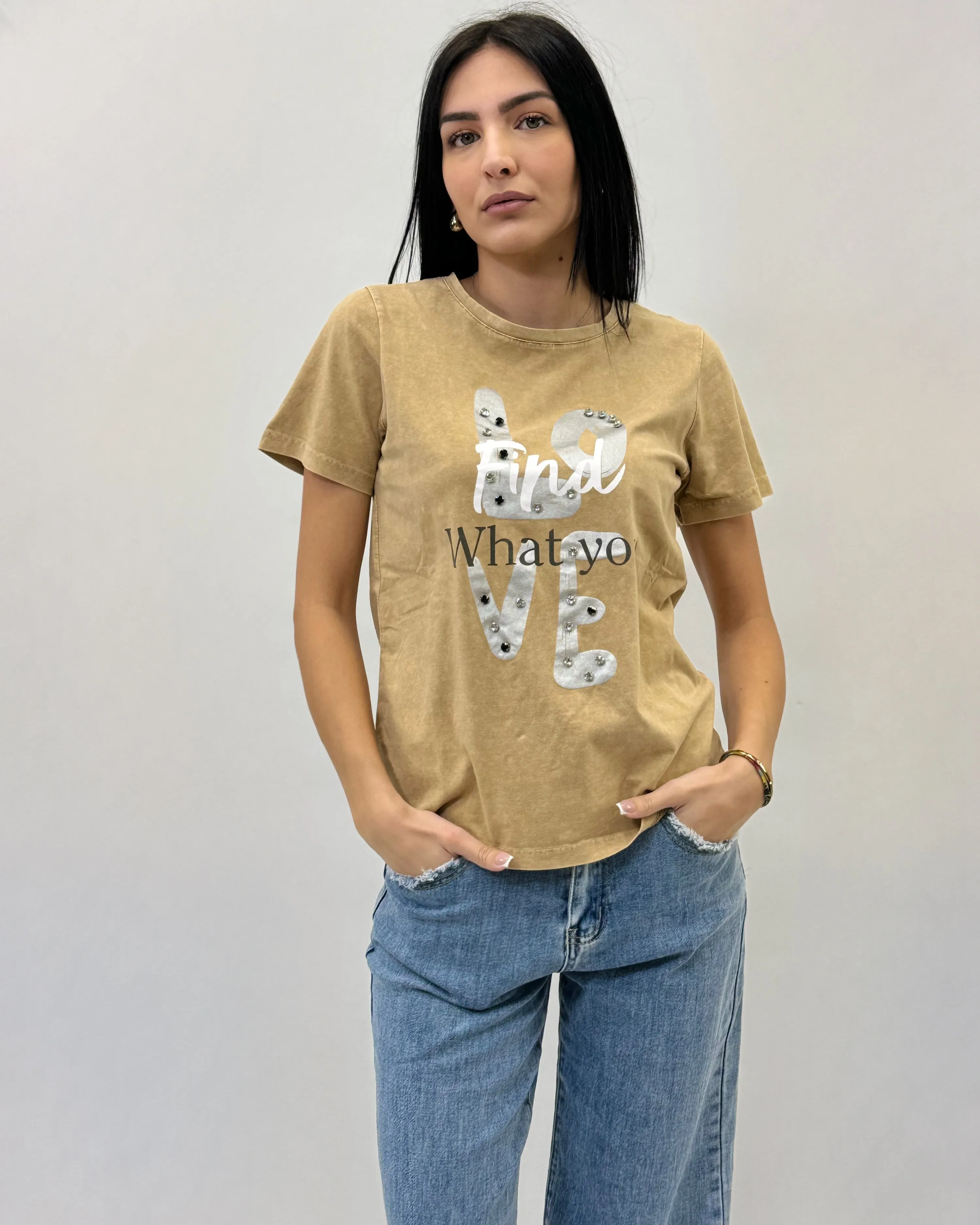 Cotton T-shirt with Love Studs Writing