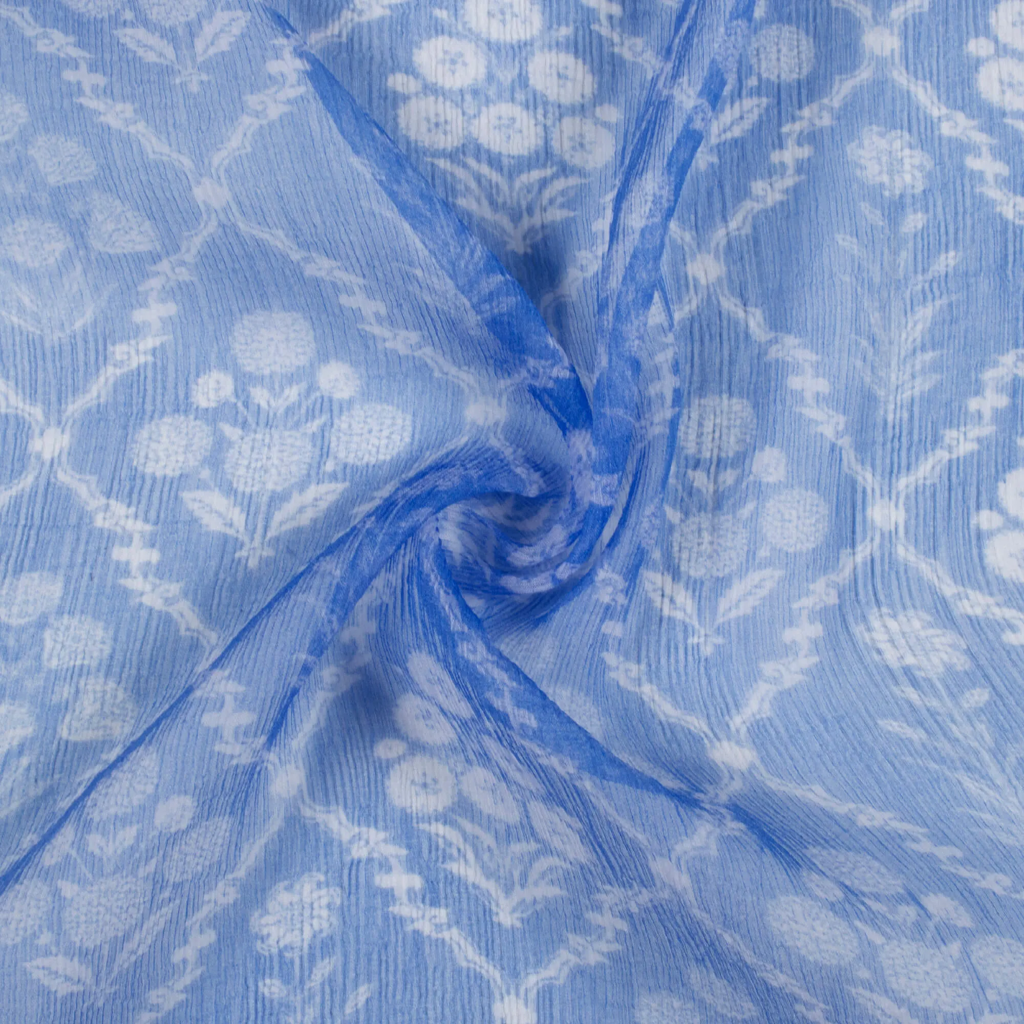 Digital Print Royal Blue White Floral Bemberg Chiffon Fabric