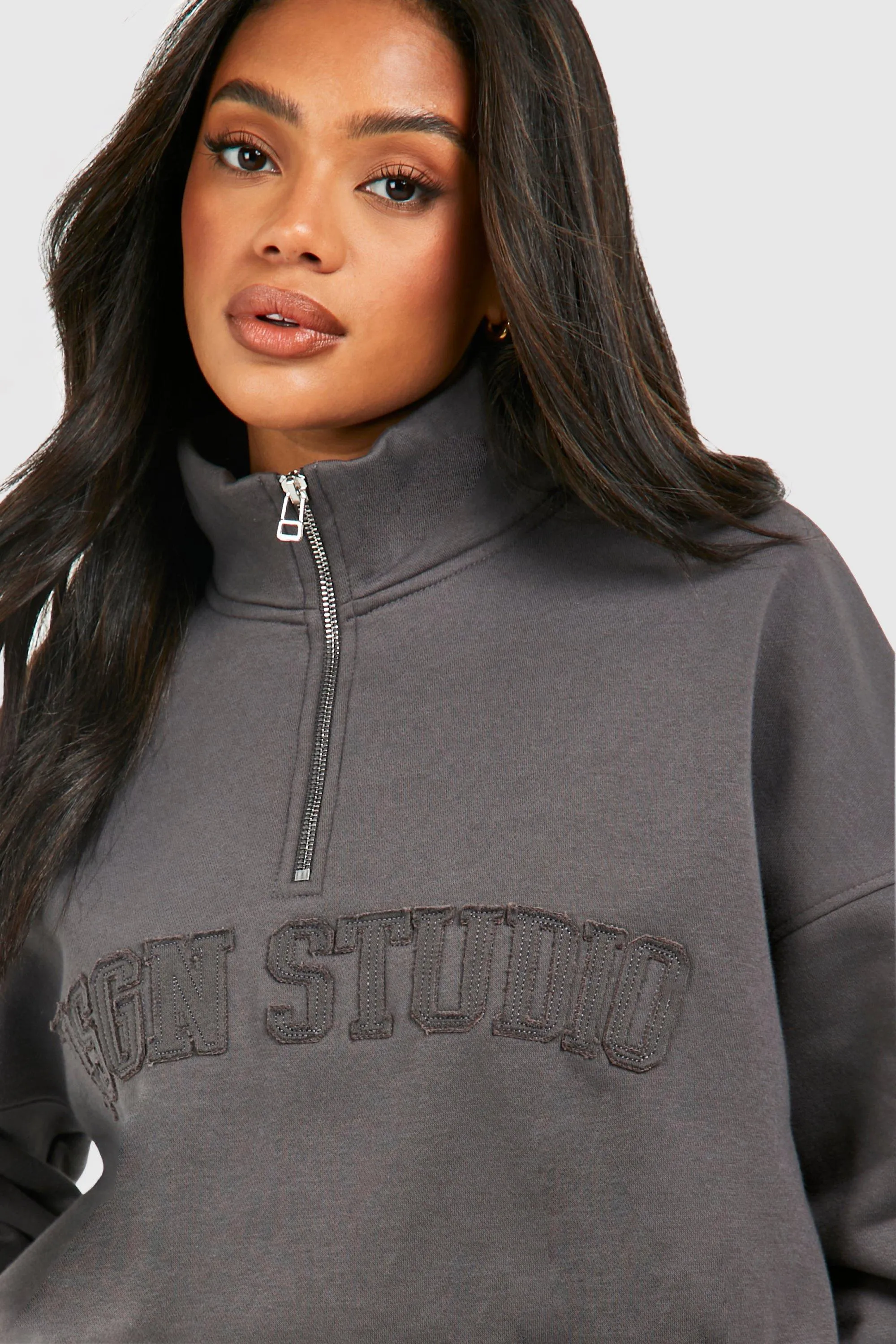 Dsgn Studio Half Zip Sweatshirt with Self Fabric Applique | boohoo