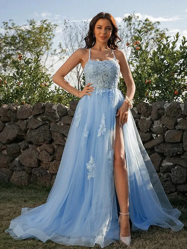 Elegant Blue Applique Prom Dress with Spaghetti Straps, Style DB11023