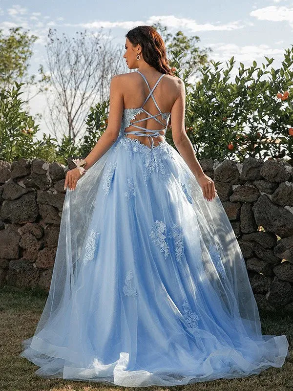 Elegant Blue Applique Prom Dress with Spaghetti Straps, Style DB11023