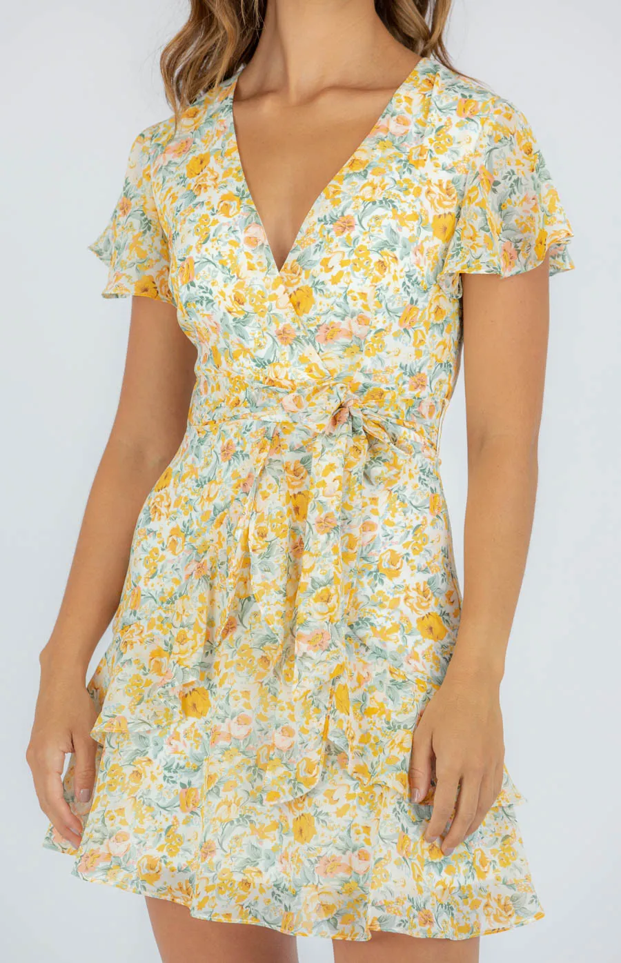 Butterfly Sleeves Floral Dress with Frill Hem (SDR909B)