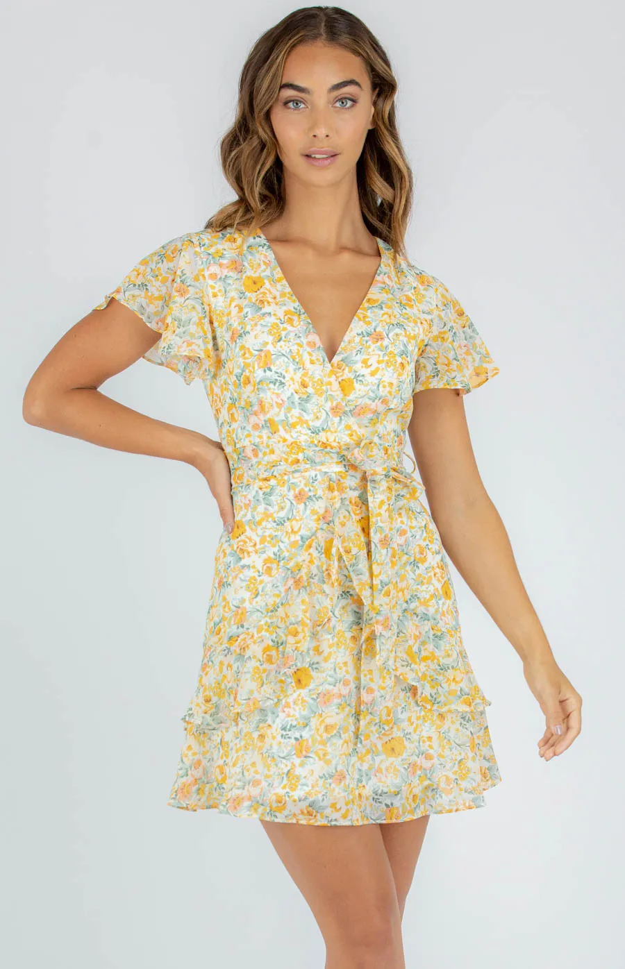 Butterfly Sleeves Floral Dress with Frill Hem (SDR909B)