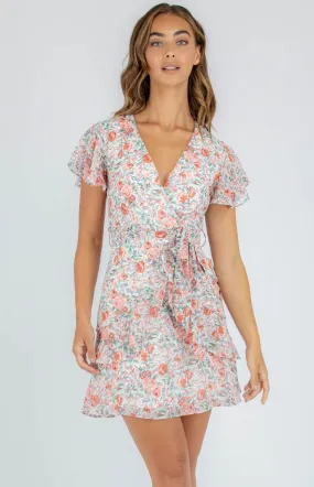 Butterfly Sleeves Floral Dress with Frill Hem (SDR909B)