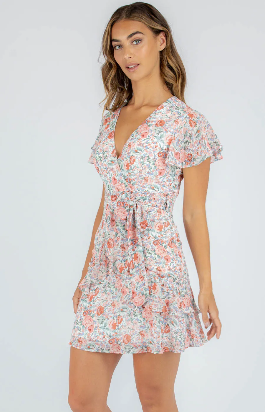 Butterfly Sleeves Floral Dress with Frill Hem (SDR909B)