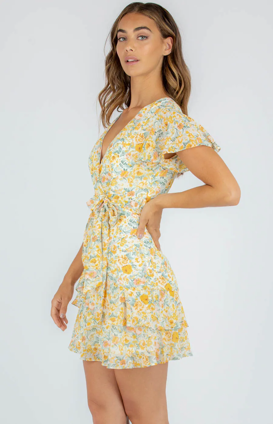 Butterfly Sleeves Floral Dress with Frill Hem (SDR909B)