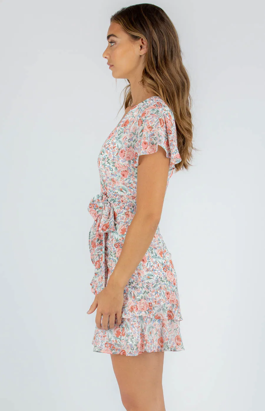 Butterfly Sleeves Floral Dress with Frill Hem (SDR909B)