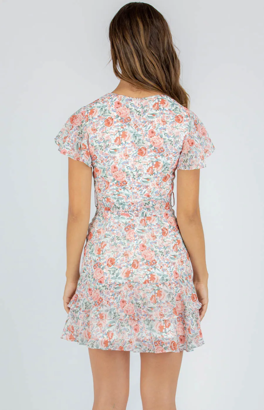 Butterfly Sleeves Floral Dress with Frill Hem (SDR909B)