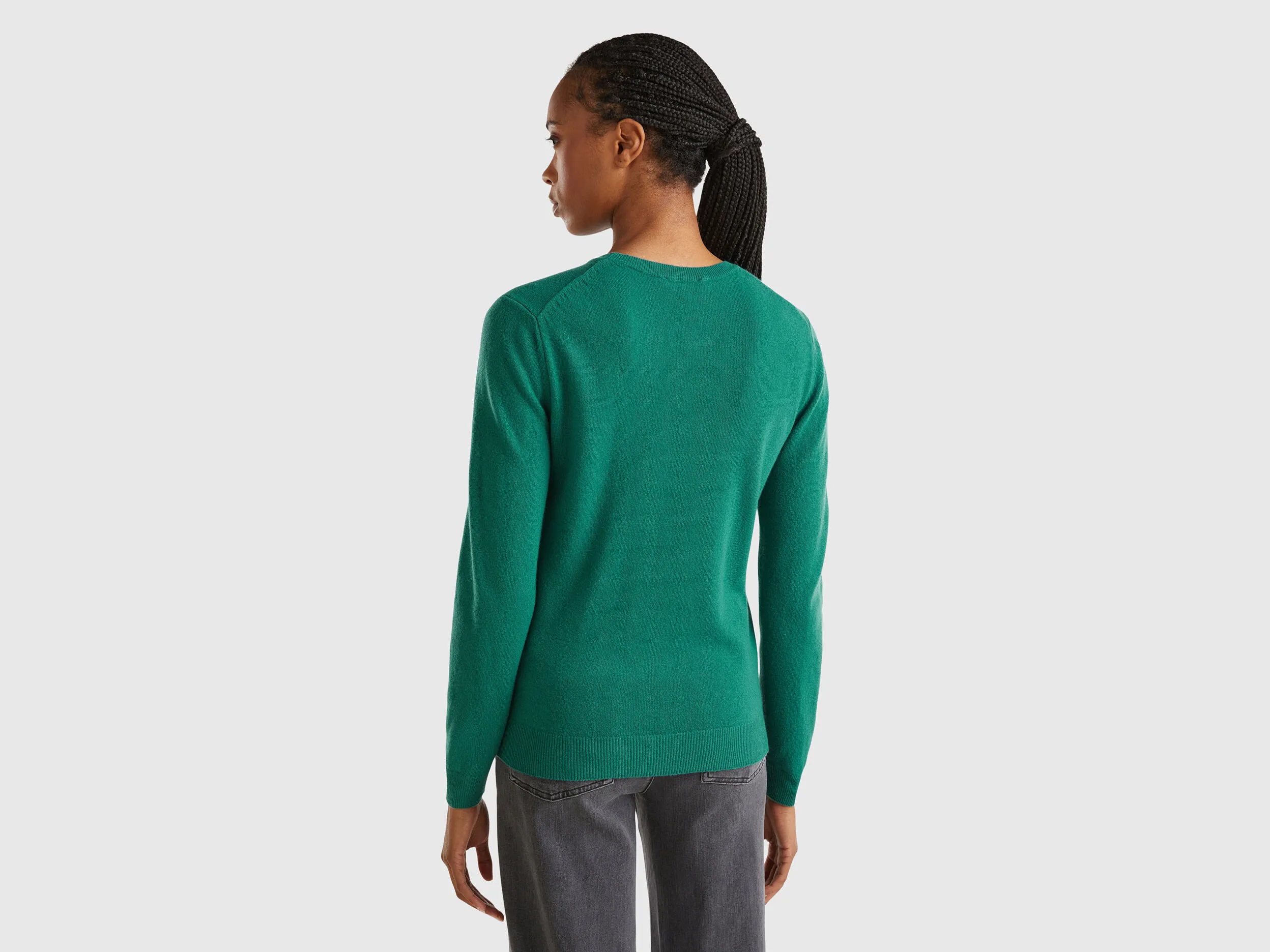 Forest Green Merino Wool Crew Neck Sweater - Dark Green | Benetton