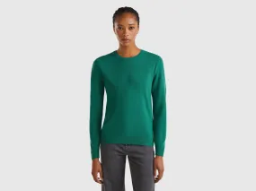 Forest Green Merino Wool Crew Neck Sweater - Dark Green | Benetton