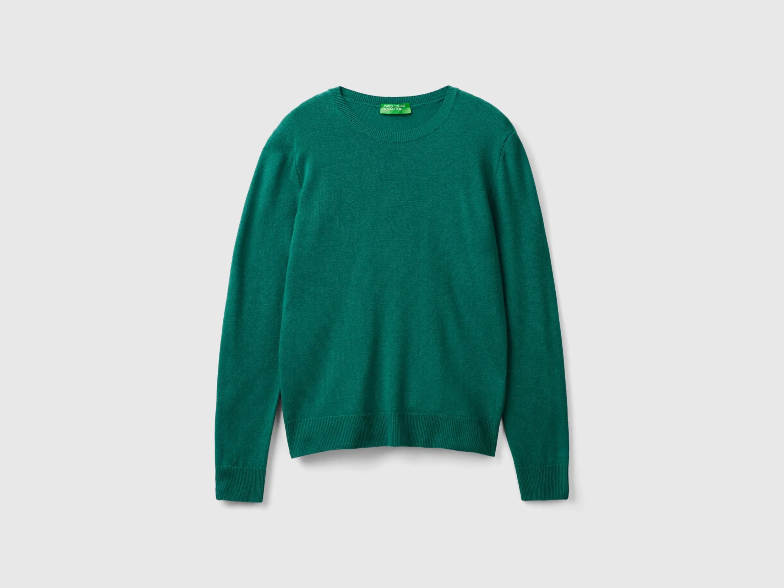 Forest Green Merino Wool Crew Neck Sweater - Dark Green | Benetton