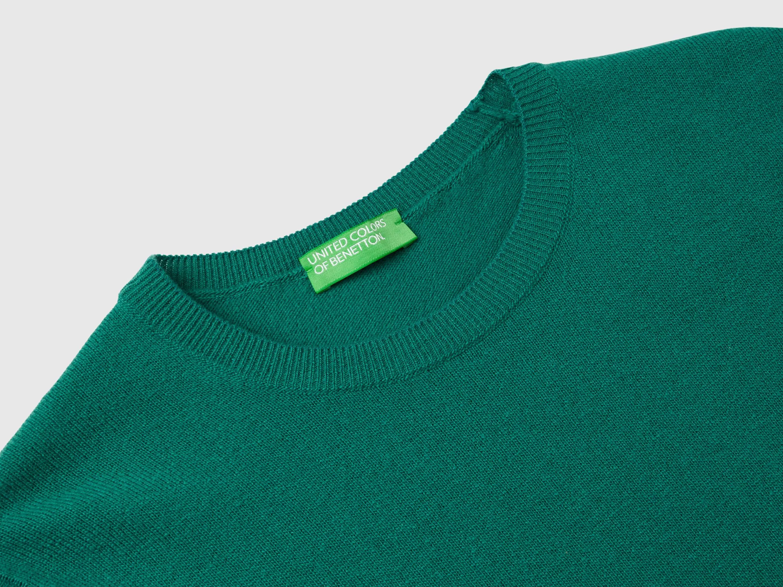 Forest Green Merino Wool Crew Neck Sweater - Dark Green | Benetton