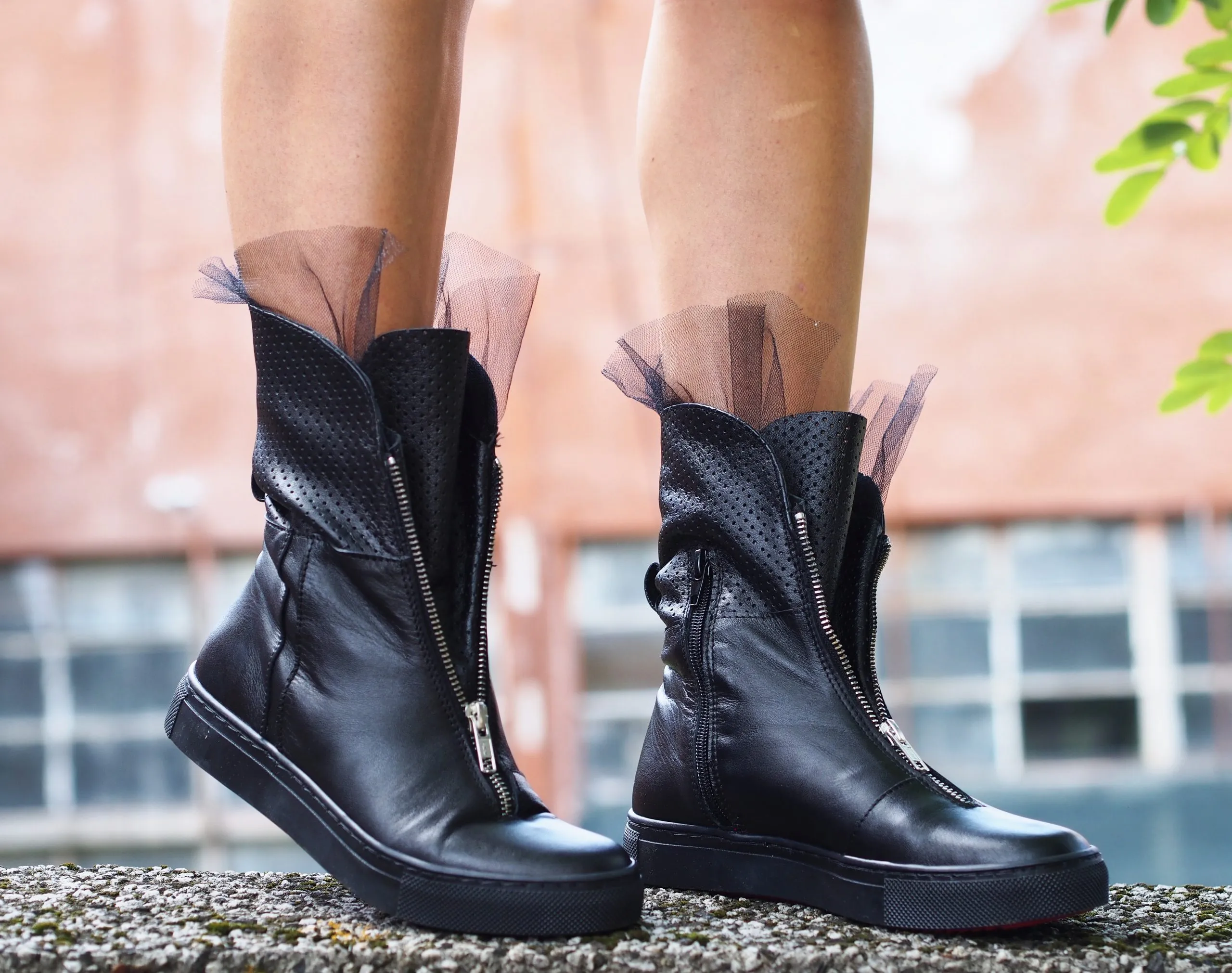 Genuine leather black boots for women