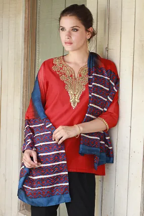 Geometric Silk Shawl from India in Bengali Festival Colors