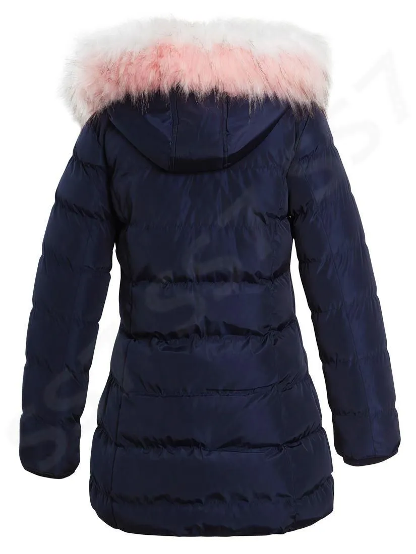 Black Showerproof Parka Jacket with Faux Fur for Girls, Ages 3-14