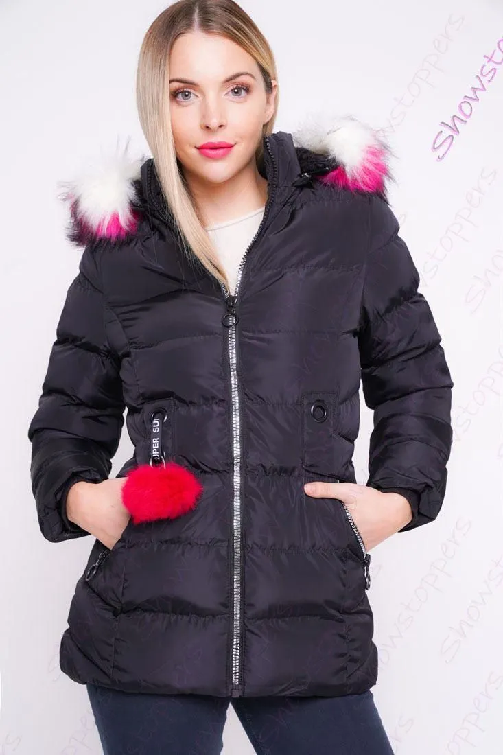 Black Showerproof Parka Jacket with Faux Fur for Girls, Ages 3-14