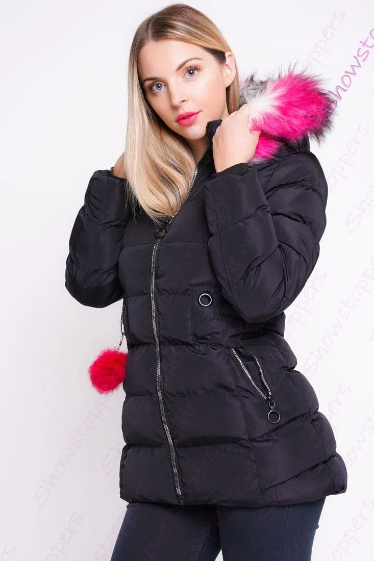 Black Showerproof Parka Jacket with Faux Fur for Girls, Ages 3-14