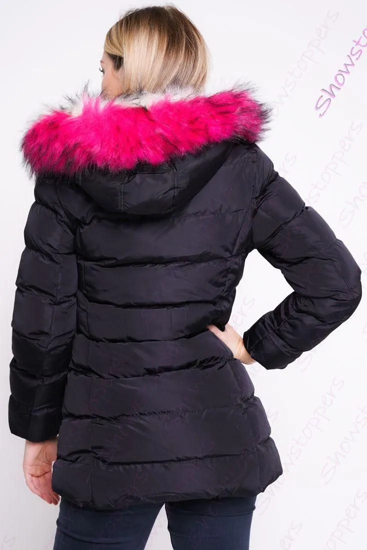 Black Showerproof Parka Jacket with Faux Fur for Girls, Ages 3-14