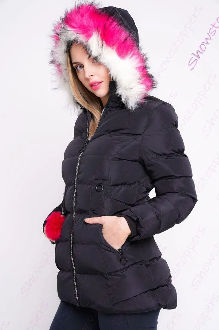 Black Showerproof Parka Jacket with Faux Fur for Girls, Ages 3-14