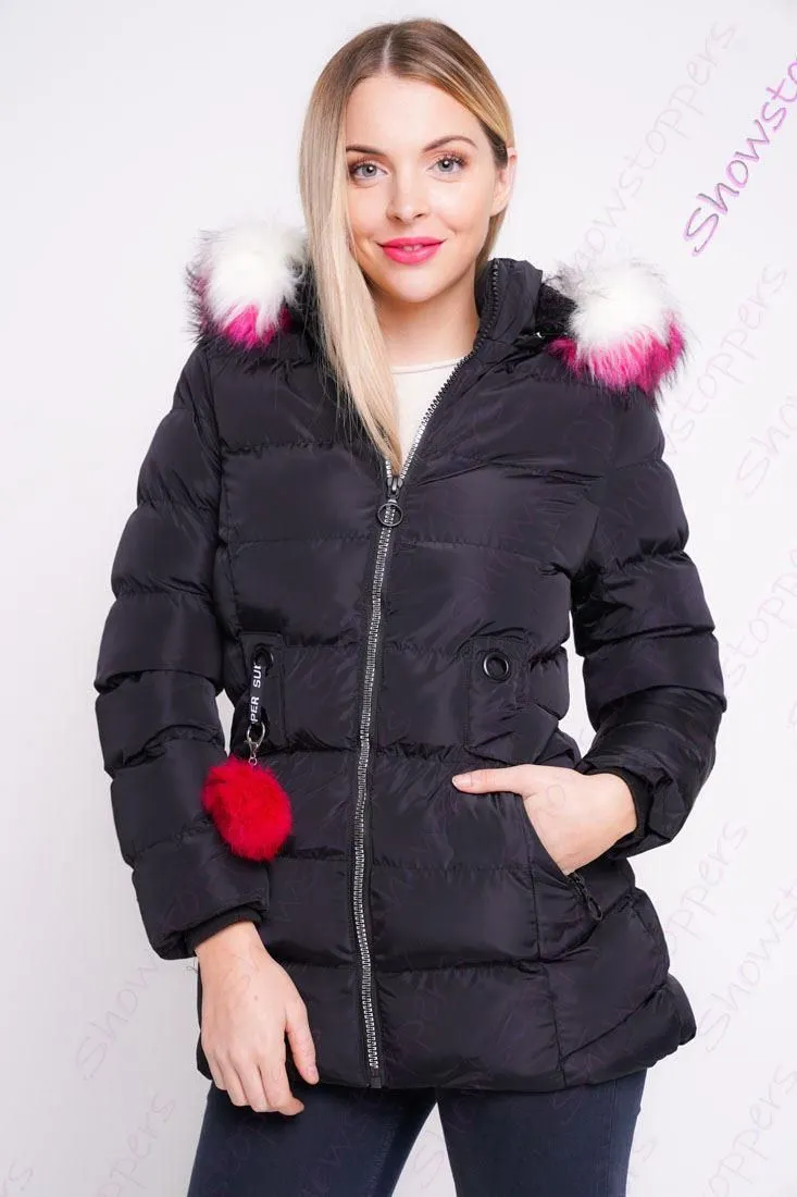 Black Showerproof Parka Jacket with Faux Fur for Girls, Ages 3-14