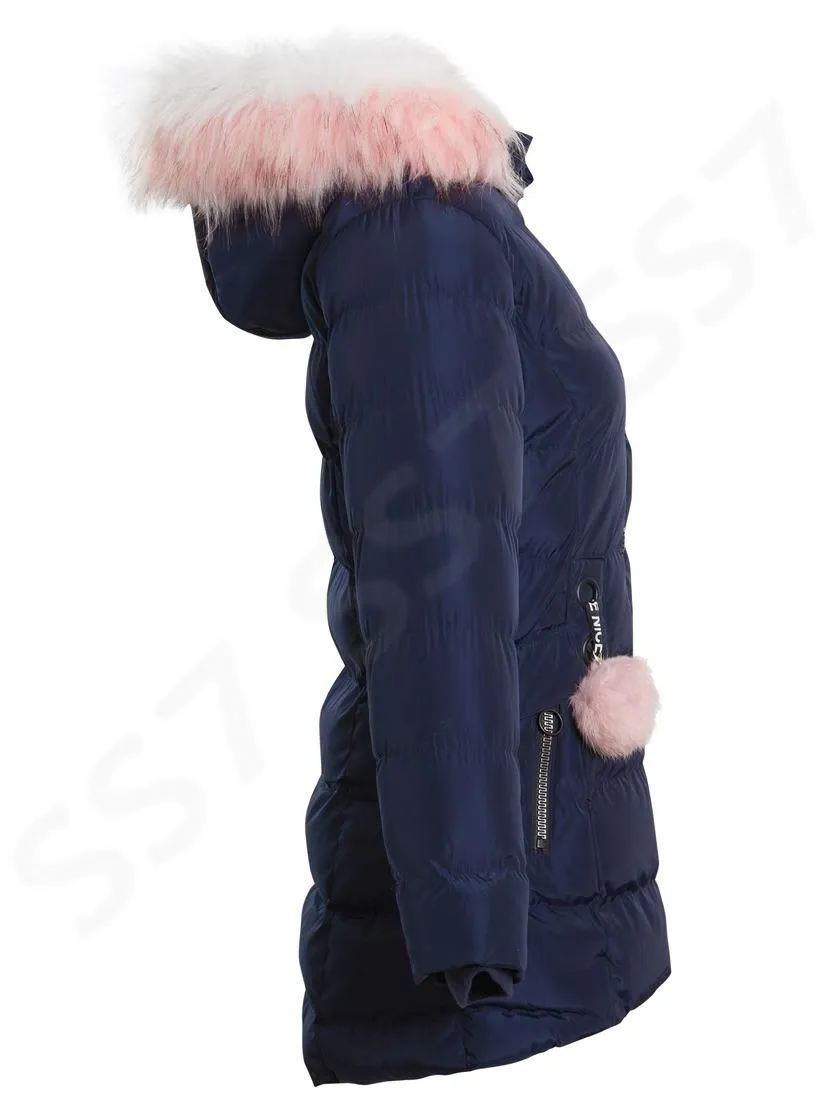 Black Showerproof Parka Jacket with Faux Fur for Girls, Ages 3-14