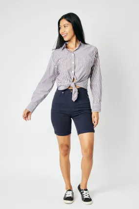 High Waist Navy Bermuda Shorts with Tummy Control in Judy Blue Garment Dye