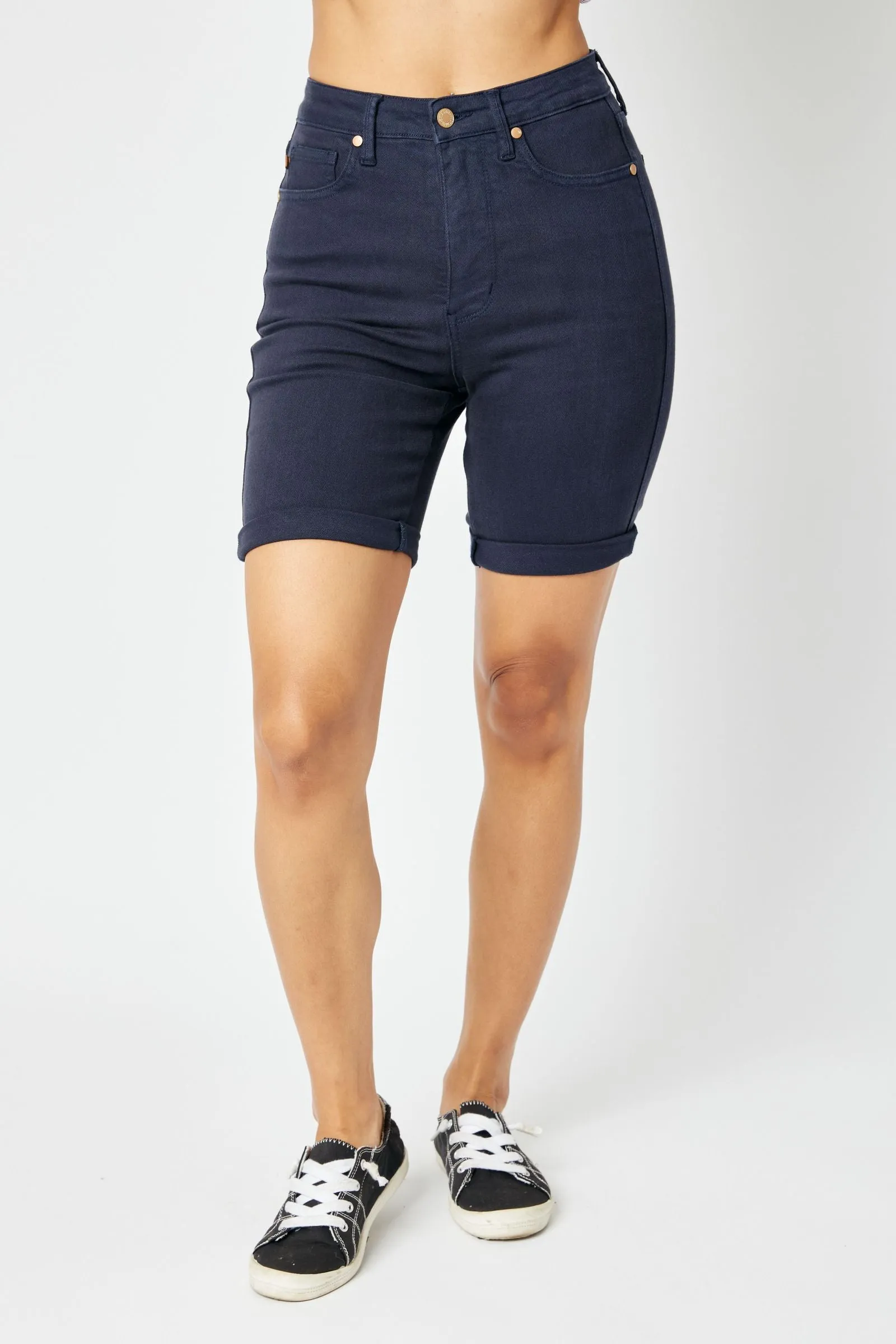 High Waist Navy Bermuda Shorts with Tummy Control in Judy Blue Garment Dye