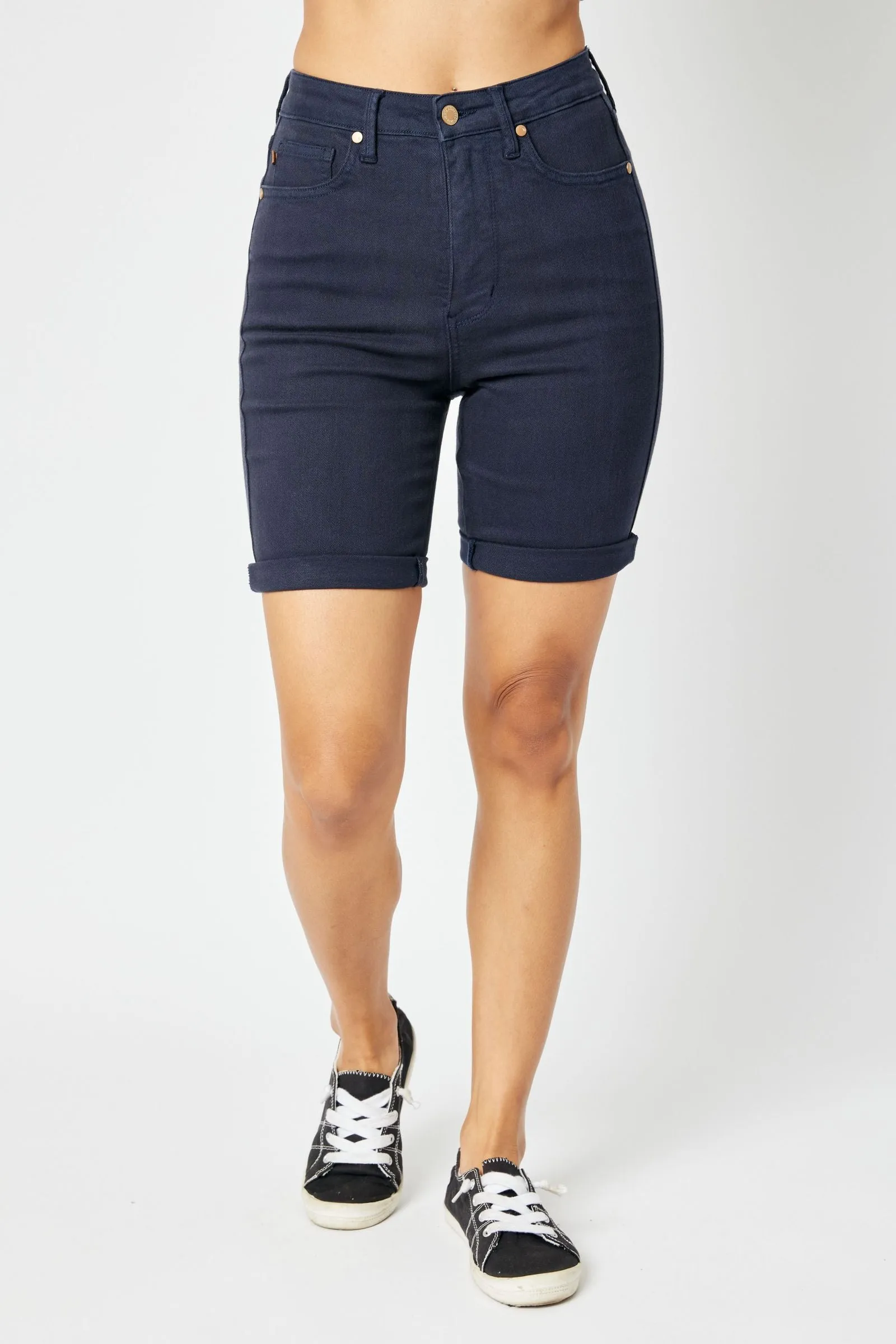 High Waist Navy Bermuda Shorts with Tummy Control in Judy Blue Garment Dye