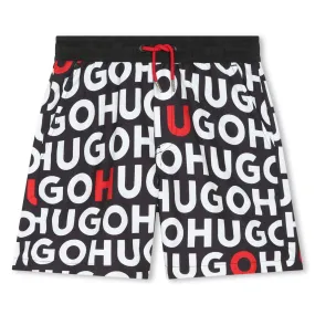 Hugo Black All Over Logo Swim Shorts