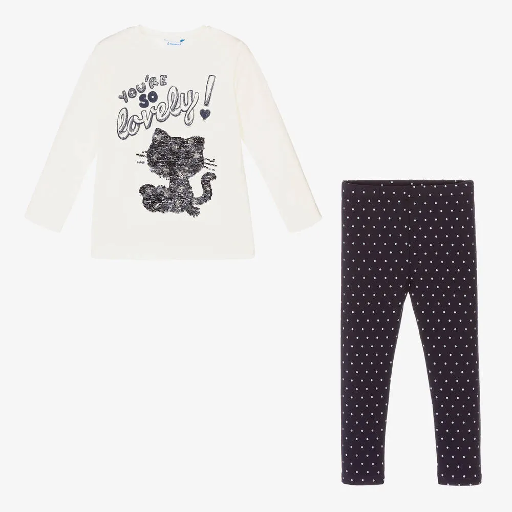 Ivory and Blue Cat Leggings Set